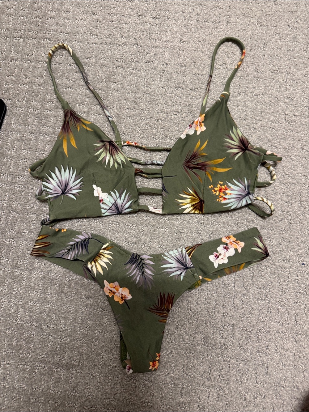 Montce Olive Green Tropical Floral Strappy Bikini